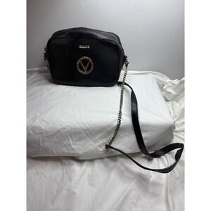 Valentino Shoulder Bag Black Leather Gold V Logo Chain Strap Made in Italy